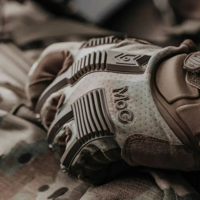 Detailed view of MoG Target High Abrasion Ergoshield Gloves in Multicam showing textured backhand protection and branding for industrial and tactical use.  from  John Bull Clothing