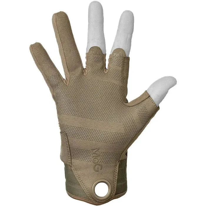 Palm view of MoG Target High Abrasion Ergoshield Gloves - Trivium Brown showing textured grip and finger pull tabs for easy removal.  from  John Bull Clothing