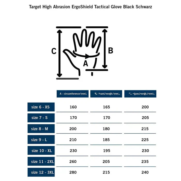 Size chart for MoG Target High Abrasion Ergoshield Gloves - Trivium Brown displaying hand circumference and length measurements in mm.  from  John Bull Clothing