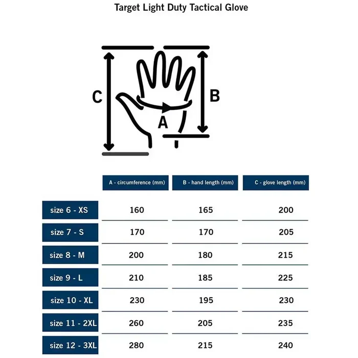 MoG Target Light Duty Gloves Multicam size chart with hand measurements for accurate fit. Essential for selecting proper safety glove size.  from  John Bull Clothing