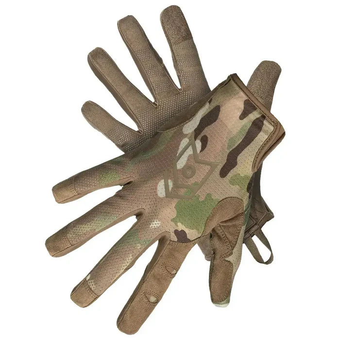Pair of MoG Target Light Duty Gloves Multicam displayed front and back, highlighting camo design and durable grip for industrial and tactical use.  from  John Bull Clothing