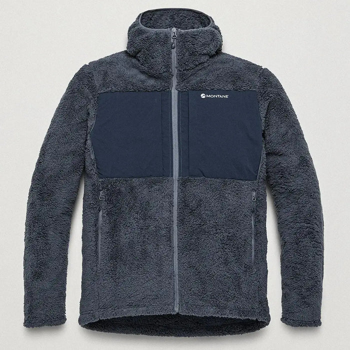 Montane Mens Caldus XT 2.0 Hooded Fleece Jacket in dark gray with black chest panel, high-pile fleece material, full zip, outdoor apparel