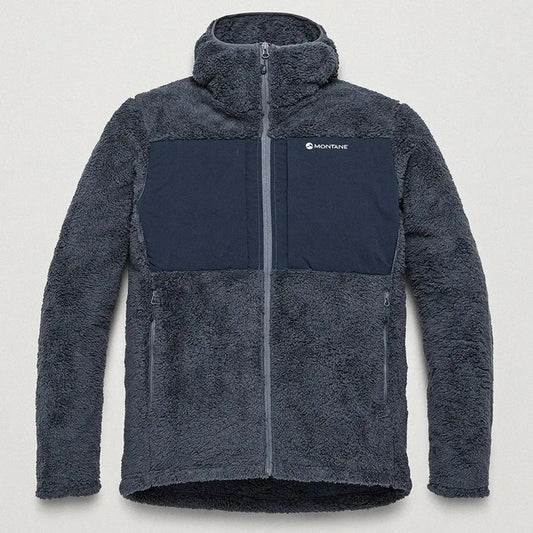 Montane Mens Caldus XT 2.0 Hooded Fleece Jacket in dark gray with black chest panel, high-pile fleece material, full zip, outdoor apparel