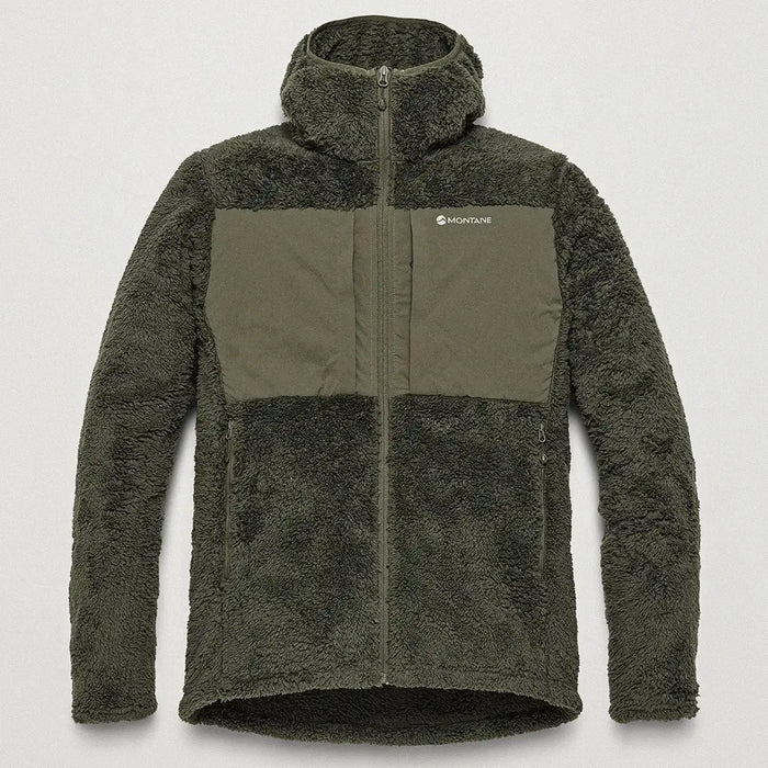 Montane Mens Caldus XT 2.0 Hooded Fleece Jacket in olive green with black chest panel, high-pile fleece, full zip, outdoor clothing