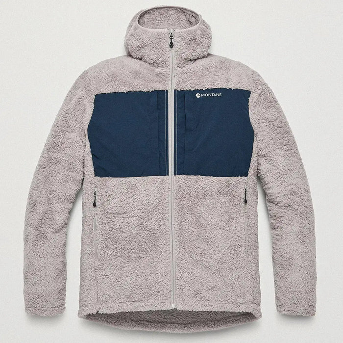 Montane Mens Caldus XT 2.0 Hooded Fleece Jacket in light pink with navy chest panel, plush fleece, full zip, outdoor outerwear