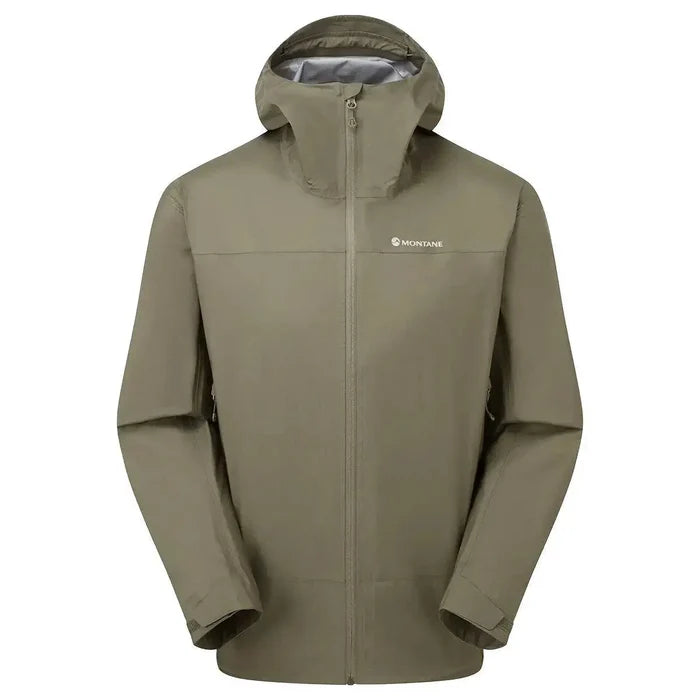 Montane Mens Cetus Lite Waterproof Jacket in olive green with a hooded design, lightweight construction, and durable waterproof fabric. Caper from  John Bull Clothing