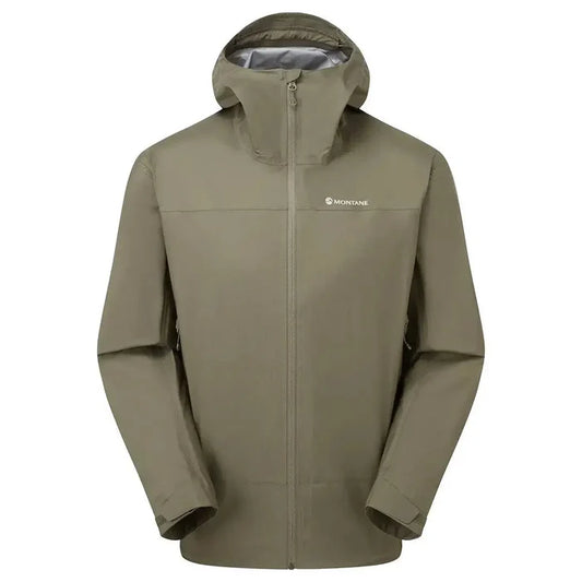 Montane Mens Cetus Lite Waterproof Jacket in olive green with a hooded design, lightweight construction, and durable waterproof fabric. Caper from  John Bull Clothing