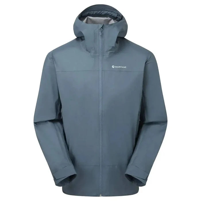 Montane Mens Cetus Lite Waterproof Jacket in blue, featuring a sleek design with a fully adjustable hood and breathable waterproof material. Stone Blue from  John Bull Clothing