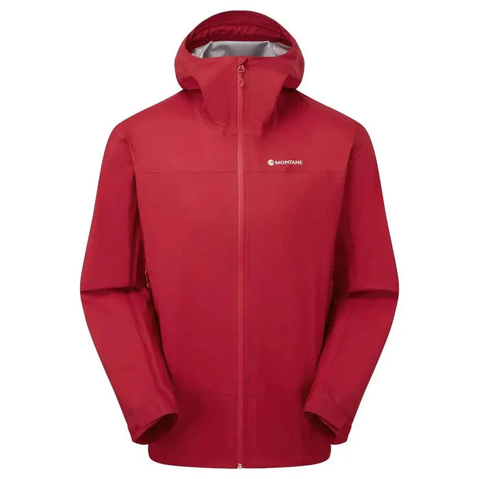 Montane Mens Cetus Lite Waterproof Jacket in red, featuring a fully adjustable hood, breathable fabric, and lightweight waterproof protection. Acer Red from  John Bull Clothing