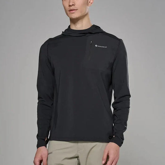 Black Montane men's Dart XT thermal hoodie with lightweight design, zippered chest pocket, and adjustable hood for outdoor activity