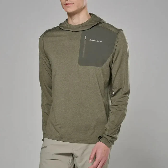 Montane Mens Dart XT Thermal Hoodie in olive green with a chest zip pocket, lightweight mid-layer for outdoor activities, SKU: JB1621-CP-S