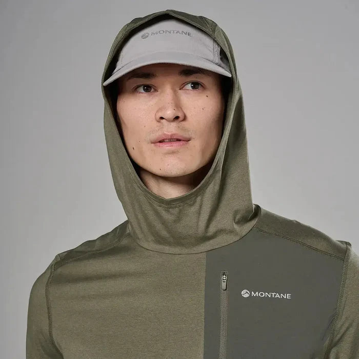 Close-up of male model's face wearing light gray cap and hooded jacket with Montane logo, showing the hood and high collar