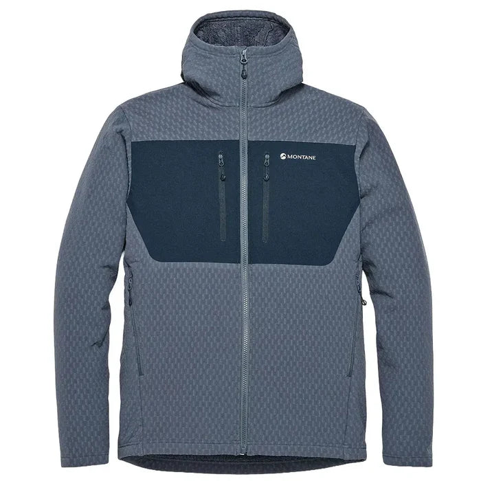 Montane Mens Dura XT Hoodie fleece jacket in grey with black accents, high collar, full zip, multiple zippered pockets, outdoor activewear