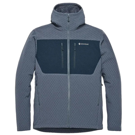 Montane Mens Dura XT Hoodie fleece jacket in grey with black accents, high collar, full zip, multiple zippered pockets, outdoor activewear