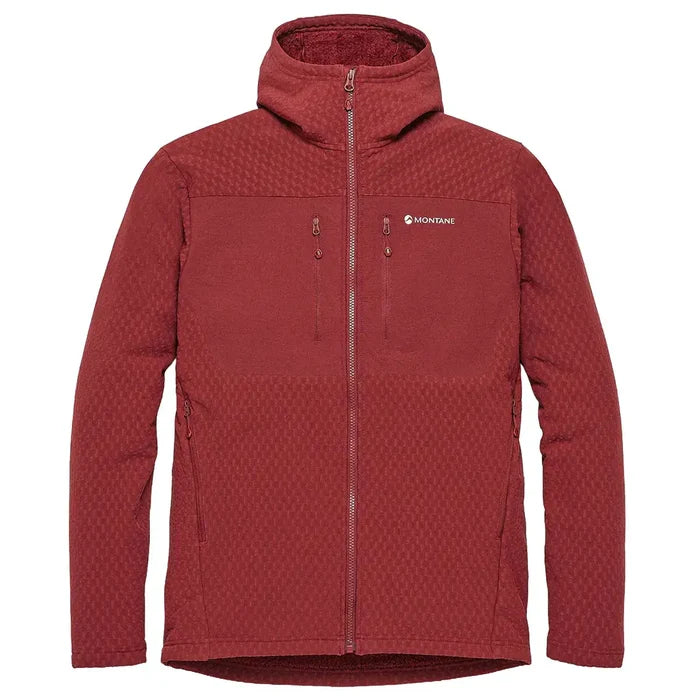 Montane Mens Dura XT Hoodie fleece jacket in red with matching accents, high collar, full zip, outdoor activewear for cold weather