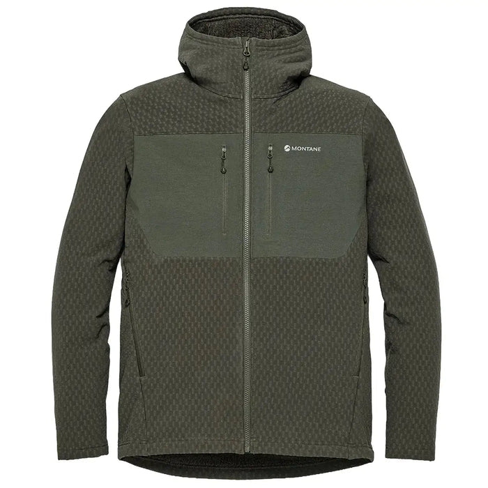 Montane Mens Dura XT Hoodie fleece jacket in green with textured fabric, high collar, full zip, outdoor activewear for rugged terrain