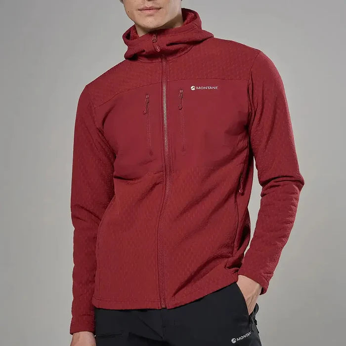 Red Montane Mens Dura XT Hoodie fleece with hood, front zipper, breathable material, and multiple zippered pockets, ideal for outdoor activewear - SKU: JB1619-MO-S