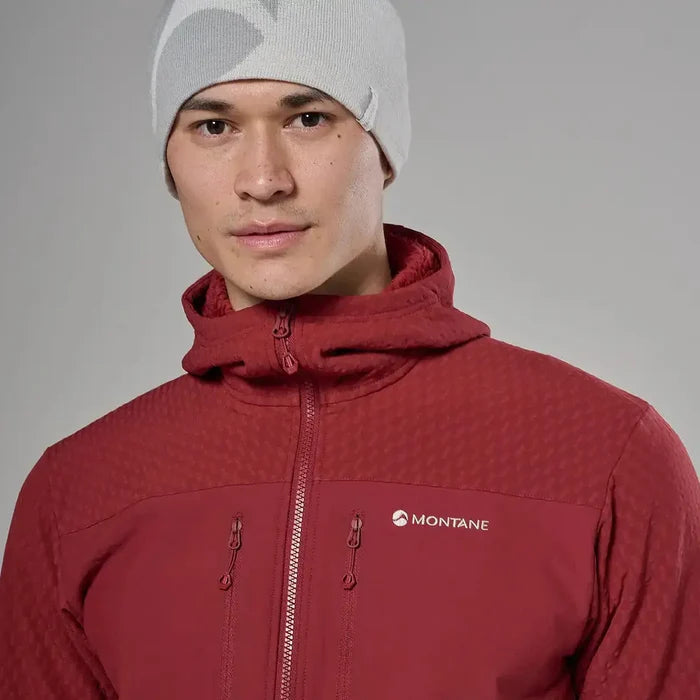 Close-up of male model wearing red Montane Mens Dura XT Hoodie fleece with hood, front zipper, and logo, suitable for cold weather outdoor adventures