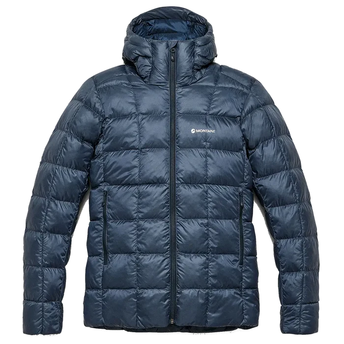 Navy blue Montane Mens Icarus 3.0 Hooded Insulated Jacket with quilted design, front zipper, and side pockets, ideal for outdoor winter activities - SKU: JB1616-MO-S