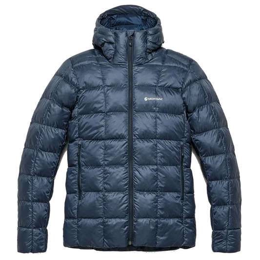 Navy blue Montane Mens Icarus 3.0 Hooded Insulated Jacket with quilted design, front zipper, and side pockets, ideal for outdoor winter activities - SKU: JB1616-MO-S