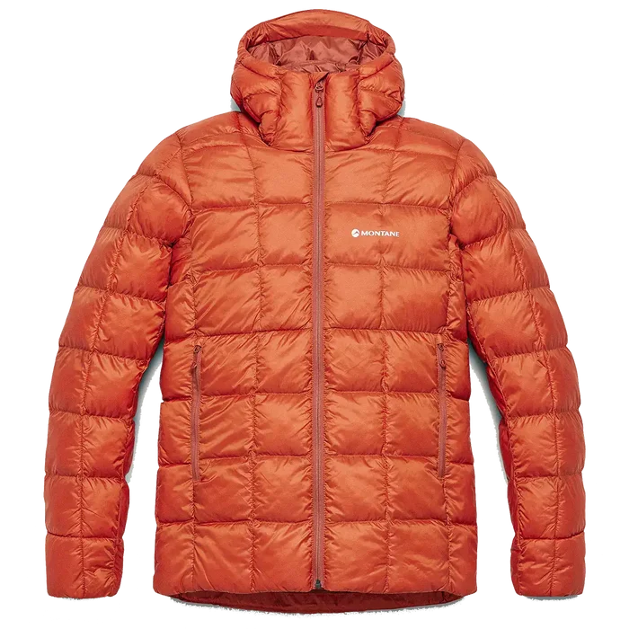 Orange Montane Mens Icarus 3.0 Hooded Insulated Jacket with quilted pattern, front zipper, and hood, suitable for cold weather trekking - SKU: JB1616-MO-S