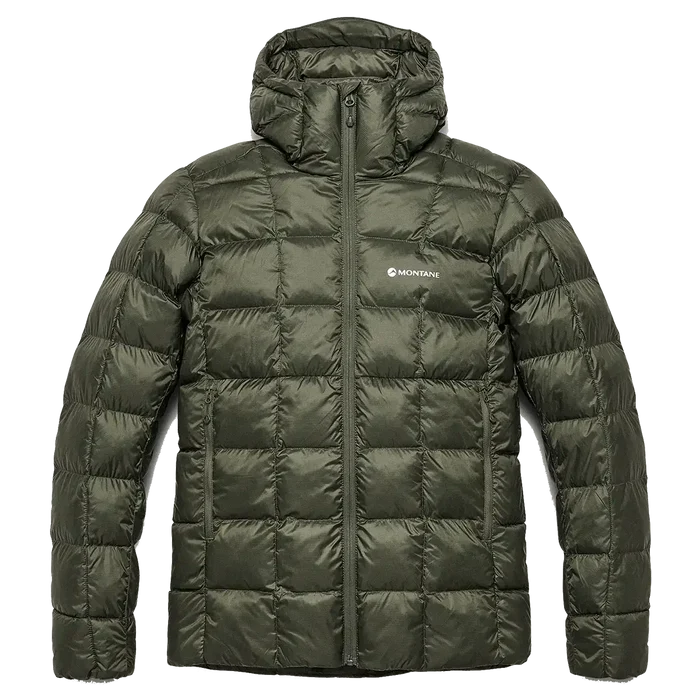 Olive green Montane Mens Icarus 3.0 Hooded Insulated Jacket with quilted construction, front zip, and hood, designed for mountain use - SKU: JB1616-MO-S