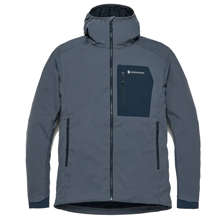 Montane men's lightweight softshell hooded jacket in gray with black accents, multiple zippered pockets, and a high collar for outdoor protection - SKU: JB1617-MS-S
