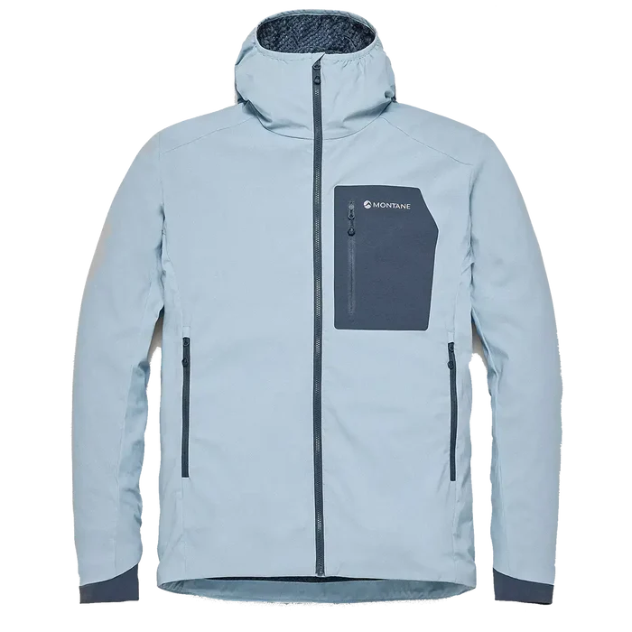 Montane men's lightweight softshell hooded jacket in light gray with black accents, featuring zippered chest and side pockets, high collar - SKU: JB1617-MS-S