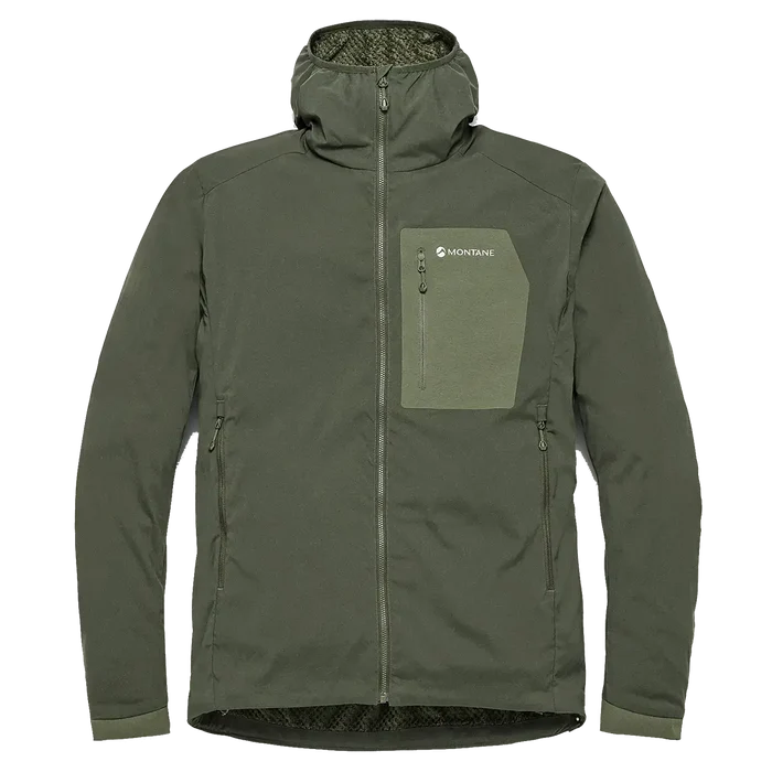 Close-up of Montane men's lightweight softshell hooded jacket in green with a zippered chest pocket, logo, and durable fabric for outdoor activities - SKU: JB1617-MS-S