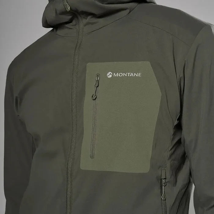 Montane men's lightweight softshell hooded jacket in dark gray with a high collar and zippered chest pocket, designed for outdoor wear - SKU: JB1617-MS-S