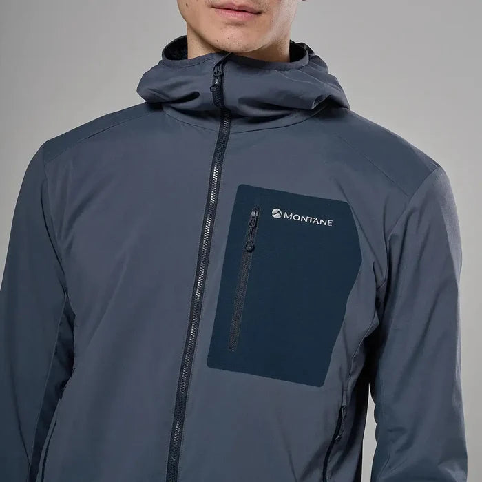 Montane men's lightweight softshell hooded jacket in dark gray with front zipper and chest pocket, designed for outdoor activity and protection