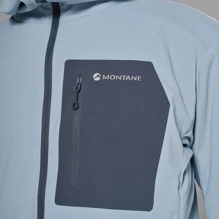Close-up of jacket's chest pocket with zip, light gray softshell jacket with Montane logo, technical outdoor clothing, SKU: JB1617-MS-S