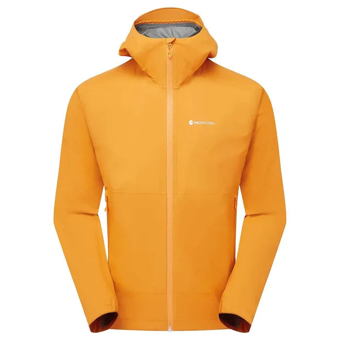 Montane Mens Minimus Lite Waterproof Jacket in vibrant orange with hood and full zip, ideal for trail running and fast-packing adventures. Nagami Orange from  John Bull Clothing