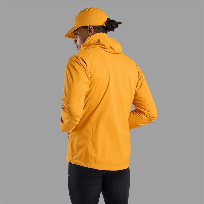 Back view of Montane Mens Minimus Lite Waterproof Jacket in orange, showcasing hood and ergonomic fit for active outdoor use.  from  John Bull Clothing