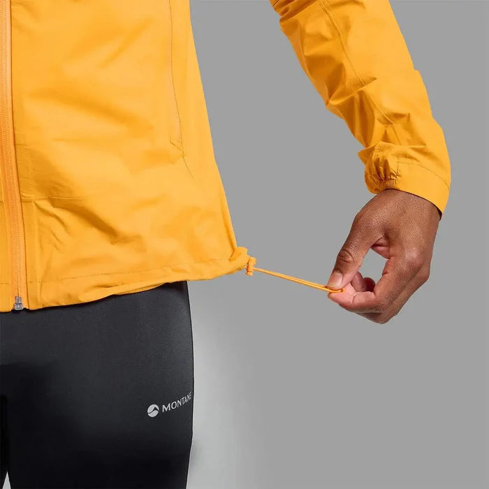 Close-up of adjustable drawcord hem on Montane Mens Minimus Lite Waterproof Jacket in orange, enhancing fit and wind protection.  from  John Bull Clothing