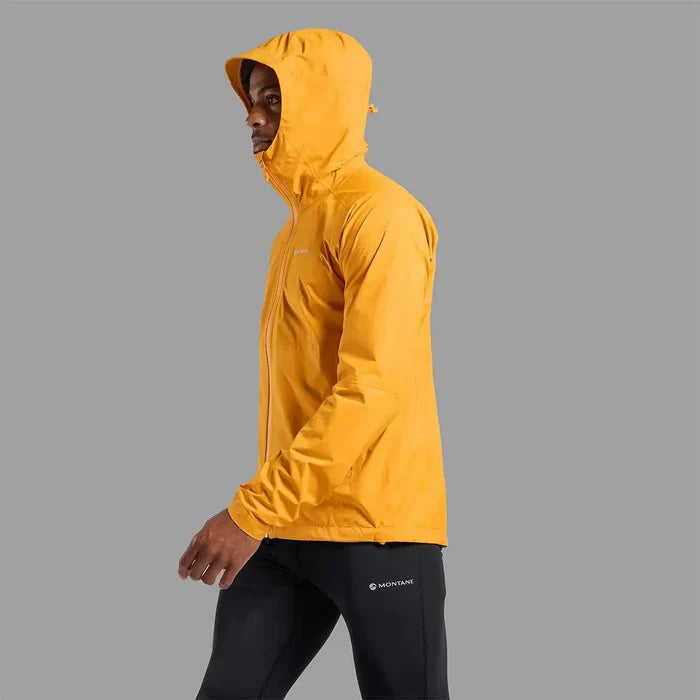 Side profile of Montane Mens Minimus Lite Waterproof Jacket in orange, designed for mobility and comfort during endurance sports.  from  John Bull Clothing