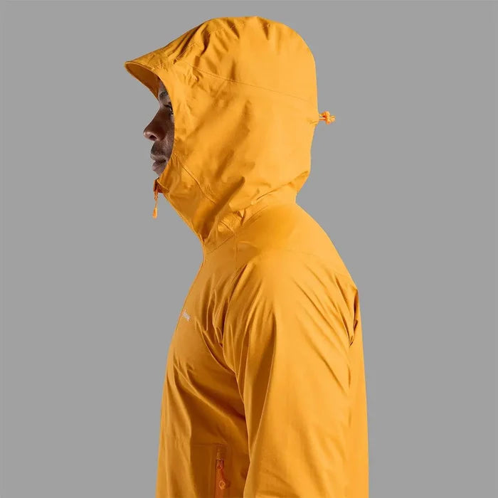 Hood detail on Montane Mens Minimus Lite Waterproof Jacket in orange, offering full head coverage for wet weather conditions.  from  John Bull Clothing