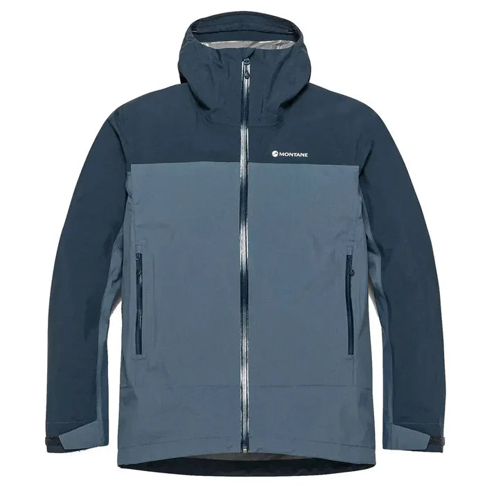 Montane waterproof jacket with hood, front view Dark Sky from  John Bull Clothing