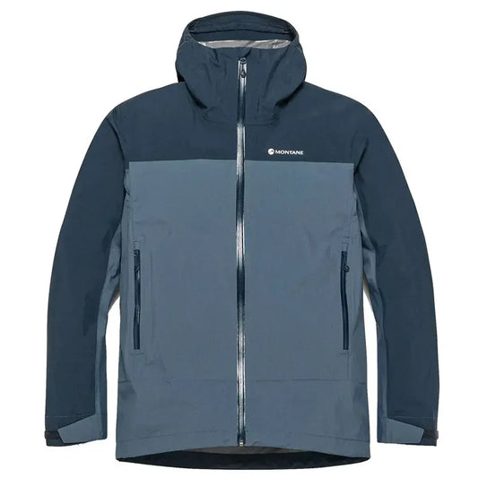 Montane waterproof jacket with hood, front view Dark Sky from  John Bull Clothing