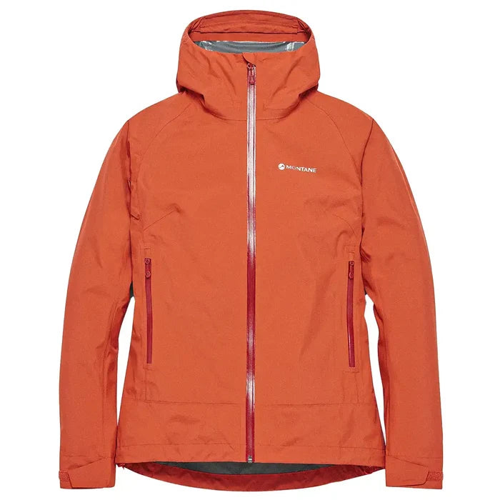 Montane orange rain jacket with hood, front view Lava from  John Bull Clothing
