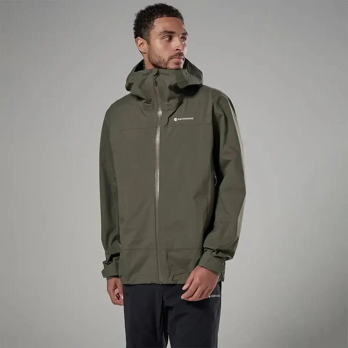 Montane men's outdoor waterproof jacket with hood, side view Moss from  John Bull Clothing