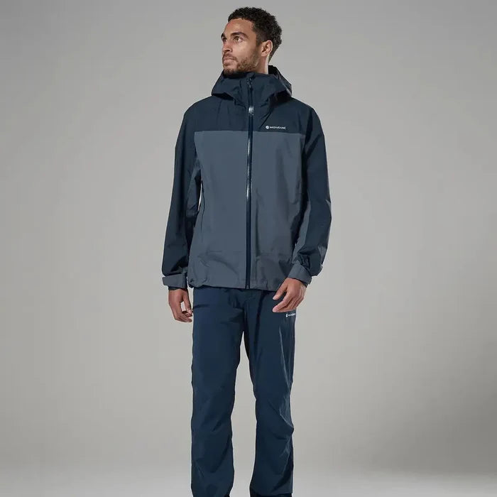 Montane waterproof jacket for men in navy and grey, outdoor raincoat with hood  from  John Bull Clothing