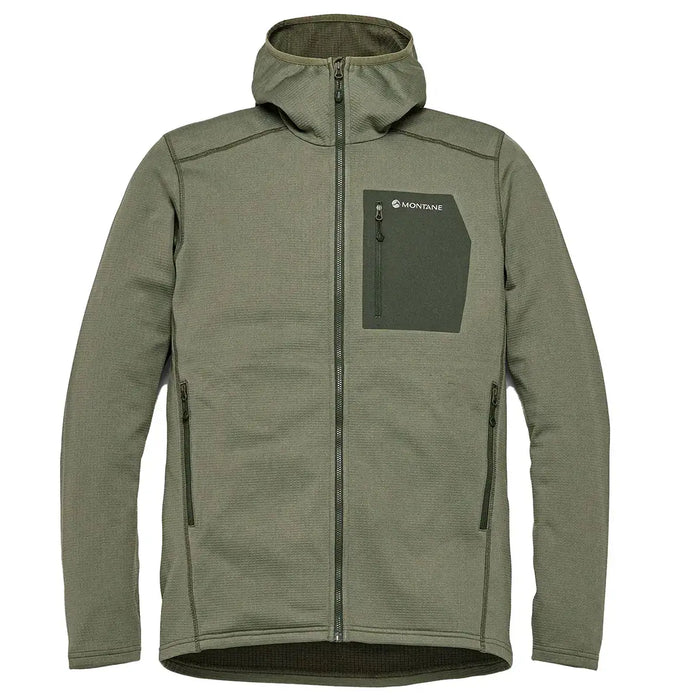 Montane men's Protium CP hoodie fleece jacket in olive green, activewear jacket with zip pockets Caper from  John Bull Clothing