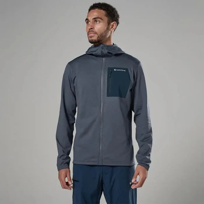 Model wearing Montane men's Protium CP hoodie fleece jacket in navy, outdoor activewear jacket  from  John Bull Clothing
