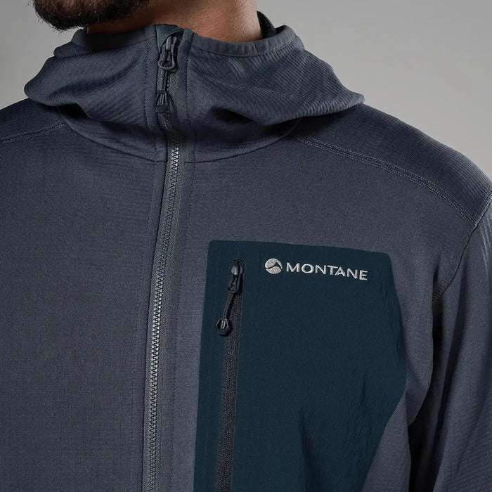 Close-up of Montane men's Protium CP hoodie fleece jacket in dark gray, with zippered chest pocket  from  John Bull Clothing