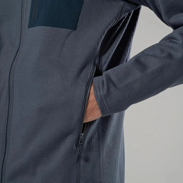 Close-up of Montane men's Protium CP hoodie fleece jacket with zip pockets  from  John Bull Clothing