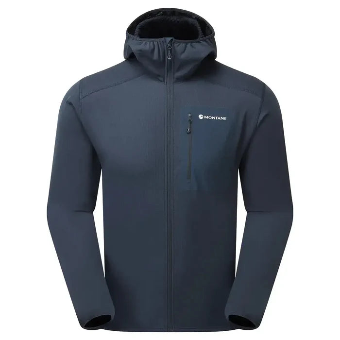 Montane men's lightweight softshell jacket with hood, navy color, front zipper, and chest pocket, designed for outdoor activities - SKU: JB1620-EB-S