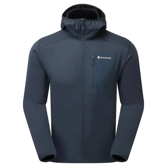 Montane men's lightweight softshell jacket with hood, navy color, front zipper, and chest pocket, designed for outdoor activities - SKU: JB1620-EB-S
