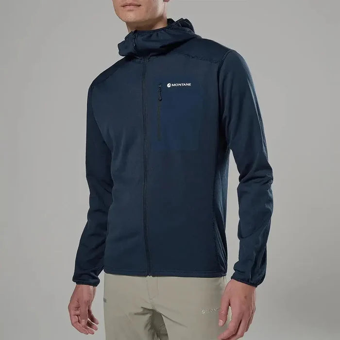Montane men's navy softshell jacket with hood, front zipper, and logo on chest, tailored for active outdoor wear - SKU: JB1620-EB-S