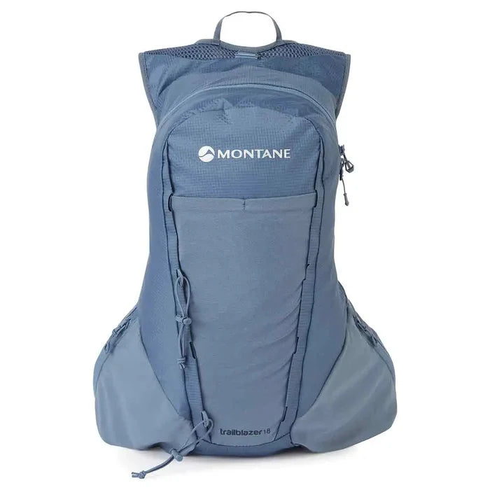 Front view of the Montane Trailblazer 18L Backpack in blue, showcasing its compact design and zippered compartments.  from  John Bull Clothing
